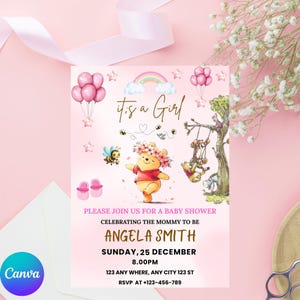 Printable Winnie the Pooh Baby Shower Invitation, , Pink Winnie The Pooh Invitation, Pooh Editable Template, Digital Invitation oh girl