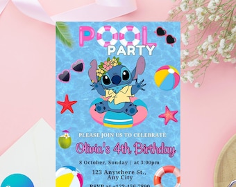 Stitch Pool Party Birthday Invitation: Editable Canva Template (5x7 inches, Digital Download)