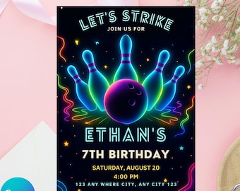 Glow Bowling Birthday Invitation: Neon Party, Editable Canva Template (5x7, Digital Download)