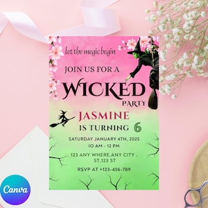 Editable Wicked Birthday Party Invitation, Wicked party invitation, WICKED inspired Movie ticket, Elphaba & Glinda Theme, Movie party, Canva
