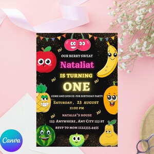 Editable Hey Bear Sensory Invitation Dancing Fruit Party Kids Birthday Invite Simple and Easy Edit Party Kids Birthday Invite Canva download
