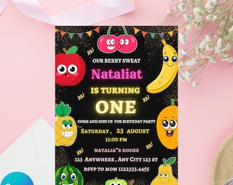 May include: A black and gold birthday invitation with a fruit theme. The invitation says "Our Berry Sweat Nataliat is Turning One". It includes a date and time for the party, as well as the address and RSVP information.