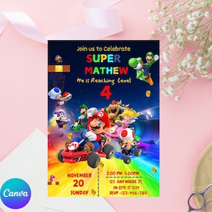 Invito per il compleanno di Mario Kart, invito per il compleanno di Mario, biglietto a tema per la festa di compleanno di Mario, invito digitale, invito per il compleanno dei bambini