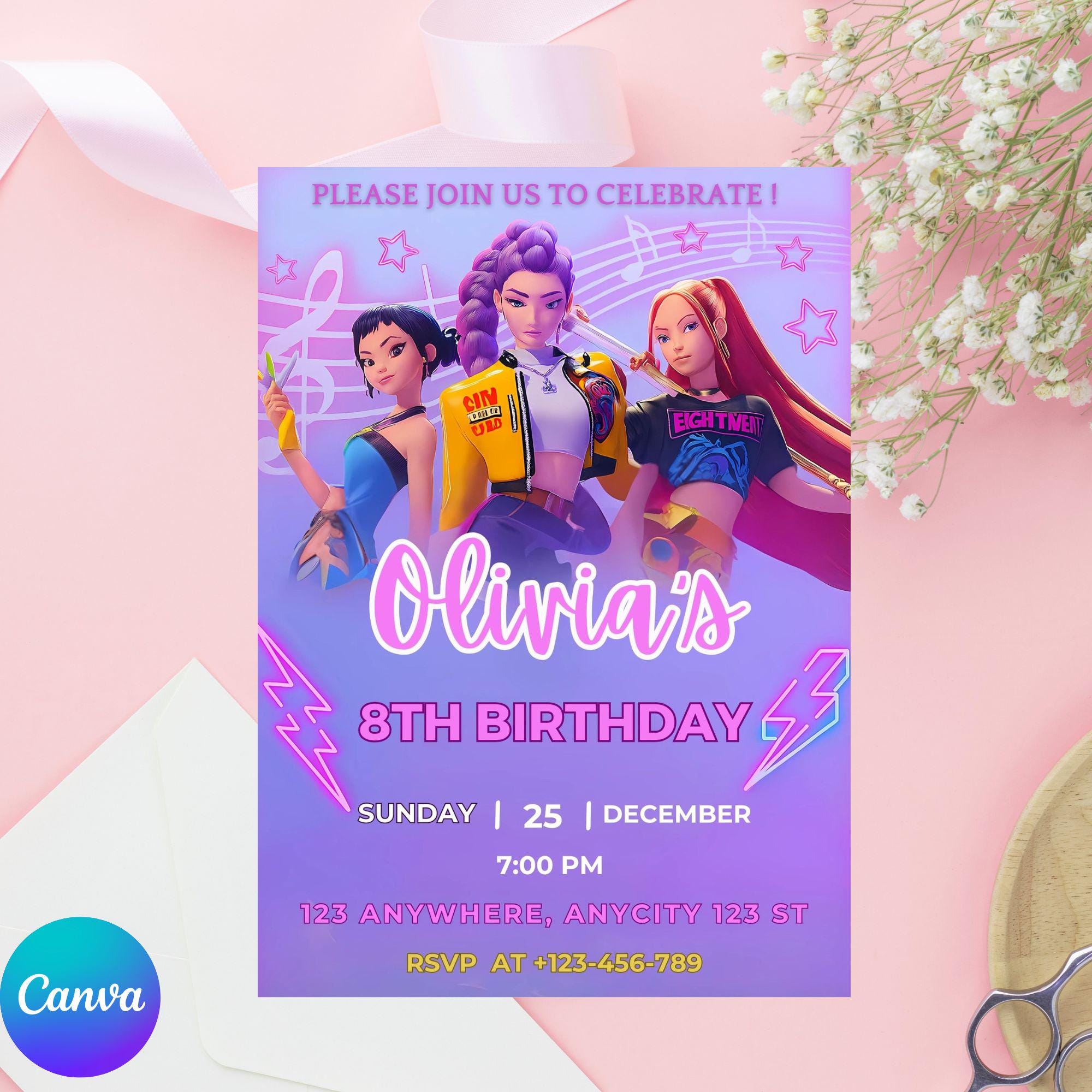 Kpop Demon Hunters Inspired Birthday Invite for Girl, Editable