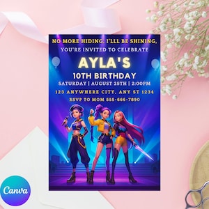Kpop Demon Hunters inspired Birthday Invite for Girl, Editable Canva Template, Digital Party Invite, Glow Pop Star Theme, Instant Download