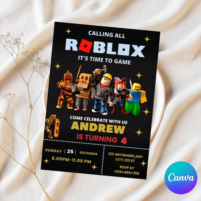 May include: Black invitation card with the Roblox logo and characters. The text reads "Calling All Roblox, It's Time to Game" and "Come Celebrate With Us Andrew Is Turning 4". Includes date, time, and RSVP information.