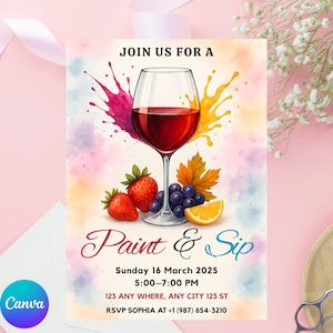 Sip and Paint Party Invitation, Editable Paint & Sip Party Invite, Wine and Paint Birthday Invite, Digital Sip and Paint Invite,