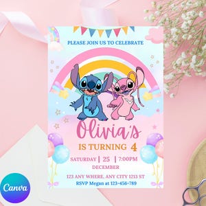 Editable Stitch Birthday Invitation, Editable & Printable Template, Cute Stitch Party Invite, Canva Template, Instant Download, Girls invite