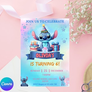 Invitación de cumpleaños de Stitch editable, plantilla editable e imprimible, linda invitación de fiesta de Stitch, plantilla de Canva, descarga instantánea, invitación para niñas