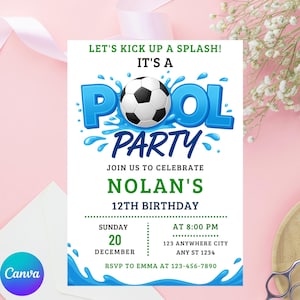 Convite de aniversário de futebol na piscina, convite de aniversário de futebol editável, convite de aniversário de piscina, convite de aniversário de verão esportivo para meninos, Canva