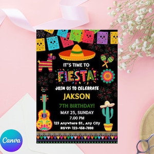 Fiesta Birthday Invitation, Fiesta Invitation, Mexican Papel Birthday Invite, Canva Editable Invitation Template, Mexican Theme Invitation