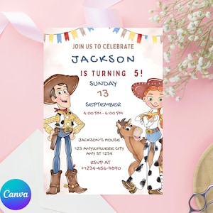 May include: A birthday party invitation featuring cartoon characters Woody and Jessie from Toy Story. The invitation includes the text "Join us to celebrate Jackson is turning 5!" with the date, time, and RSVP information. The design is set against a light pink background.