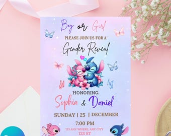 Stitch Gender Reveal Invitation Template: Pink & Blue Evite (Digital Download)