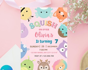 Editable Squishmallow Birthday Invitation, Squishmallow Invitation, Squish Birthday Party, Girl Birthday Invite, Squishy Party Invite, Canva