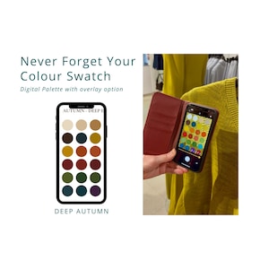 Puede incluir: Un teléfono inteligente que muestra una paleta de colores "DEEP AUTUMN" con tonos de marrón, verde y morado. El teléfono está en una funda roja, sostenido cerca de un suéter amarillo. El texto dice "Never Forget Your Colour Swatch".