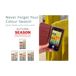 Puede incluir: Un smartphone que muestra una paleta de colores digital, en una funda burdeos. La pantalla muestra una colorida serie de círculos. El texto dice "Never Forget Your Colour Swatch" y "AUTUMN SEASON BUNDLE".