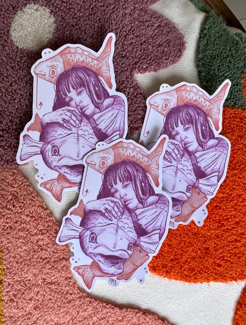 May include: Three stickers featuring a woman holding a fish. The woman has long dark hair and is wearing a dress. The fish are pink and purple and have a detailed design. The stickers are on a white background.