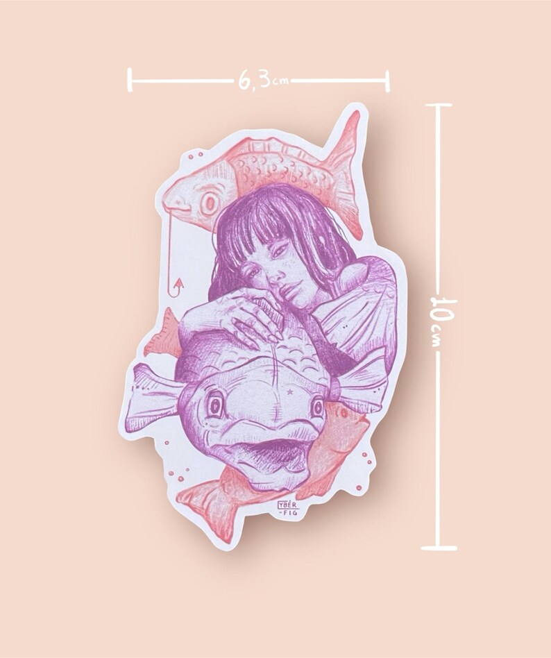 May include: A sticker featuring a purple and pink illustration of a girl holding a large fish. The girl is surrounded by smaller fish. The sticker measures 6.3 inches by 10 inches.