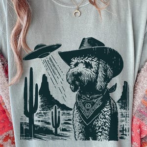 K&ouml;nnte beinhalten: Hellgraues T-Shirt mit einem schwarz-wei&szlig;en Aufdruck eines Hundes mit Cowboyhut und Halstuch, der von einem UFO angestrahlt wird. Der Hintergrund zeigt Kakteen und W&uuml;stenberge.