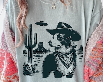 Vintage Border Collie UFO Shirt – Western Cowboy Collie Tee, Retro Alien Dog T-Shirt, Perfect Gift for Collie Mom, Dad & Dog Lovers