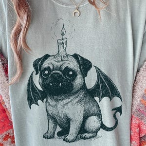 Halloween Pug Devil Demon Shirt – Scary Gothic Horror Design with Wings, Dark Pug Bat and Candle, Spooky Ink Linocut Pug Tee