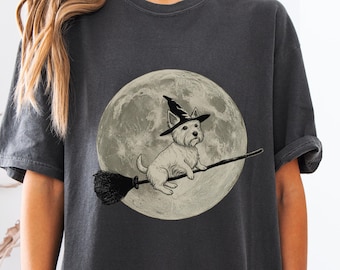 Halloween Westie Moon T-Shirt: Spooky Westie on Broomstick in Wizard Hat - Westie Mom or Dad Gift, Trick or Treat