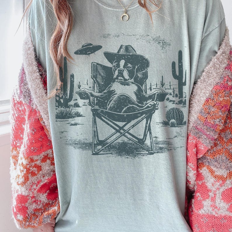 May include: A light blue t-shirt featuring a Boston Terrier wearing a cowboy hat, seated in a folding chair, with a UFO hovering above. The graphic is set against a desert landscape with cacti. The shirt is a relaxed fit.