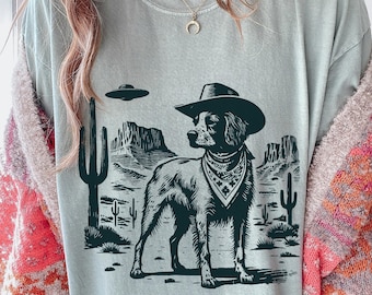 Vintage Brittany UFO-skjorta – Western Cowboy Brittany Spaniel-tröja, retro Alien Dog Desert, present till Brittany mamma pappa, rolig hundälskare-tröja