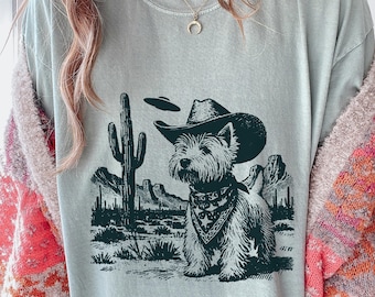 Camiseta vaquera con estampado de OVNI y West Highland Terrier: Camiseta de regalo estilo rancho vaquero para amantes de los perros.