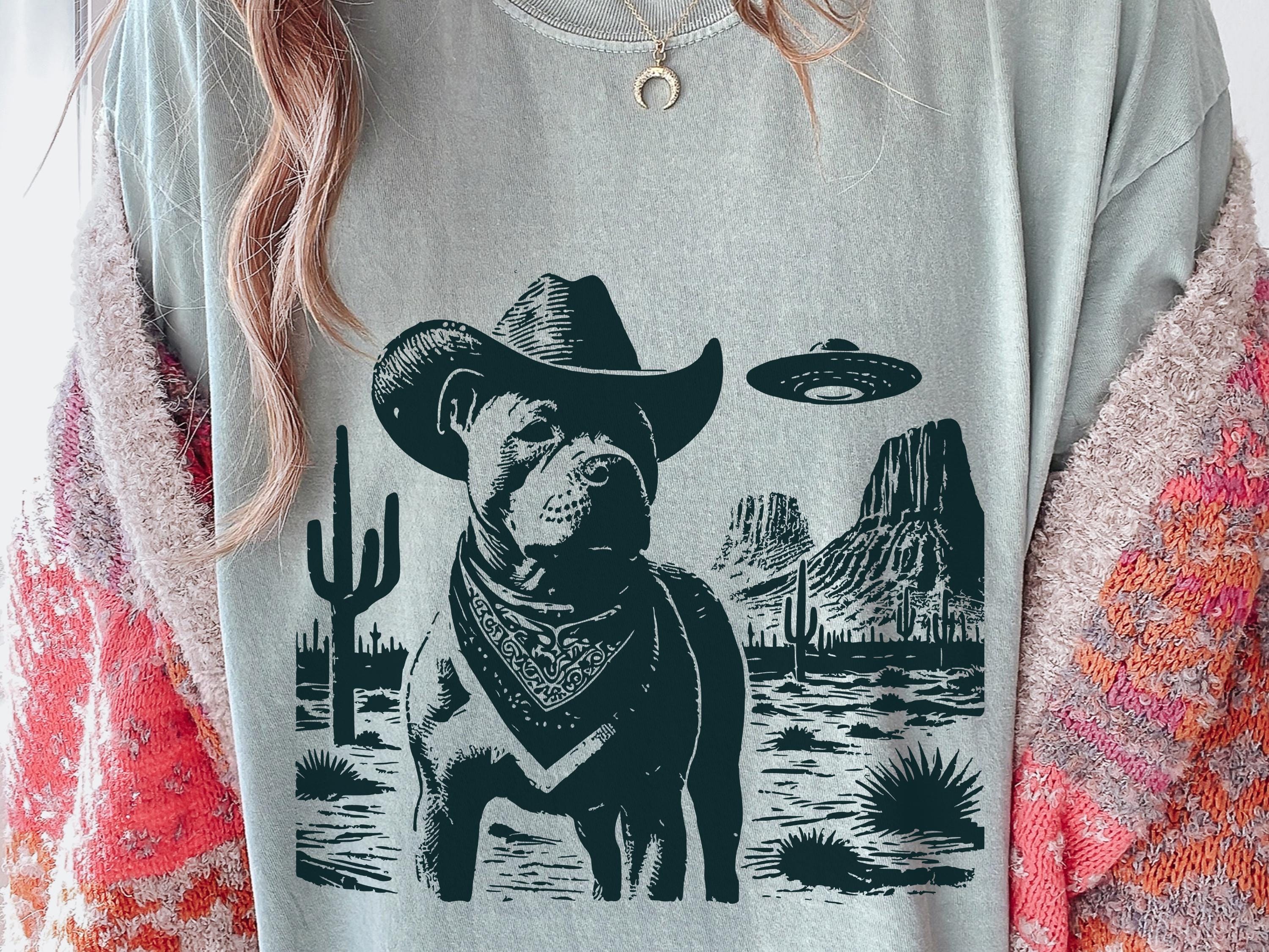 Vintage Pitbull UFO Shirt – Western Cowboy Pittie Tee, Retro Alien