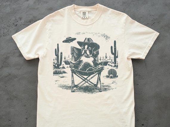 Boston Terrier Shirt, Boston Terrier Retro UFO Western Shirt, Vintage Dog T-Shirt, Cowboy TShirt, Dog Mom, Dog Dad, American Gentleman
