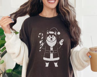 Husky Cute Santa T-Shirt: Funny Christmas Dog Tee for Holiday Lovers - Vintage Husky Mom Gift, Festive Cartoon Pup