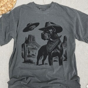 May include: Dark gray t-shirt featuring a black graphic of a dog wearing a cowboy hat and bandana, set against a desert landscape with cacti and a UFO. The design has a vintage, distressed look.
