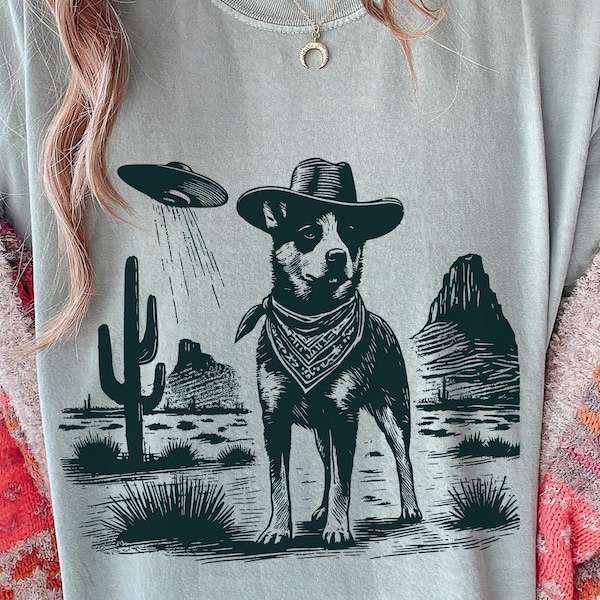 Koszulka Vintage Heeler UFO – Western Cowboy Australian Cattle Dog Tee, Retro Alien Red Blue Heeler T-shirt, prezent Heeler mama tata, śmieszne bydło