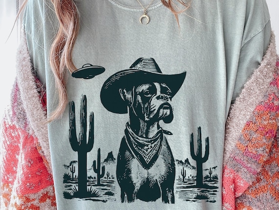 Vintage Boxer UFO Shirt – Cowboy Boxer Dog Mom Dad Tee, Western Space Dog Gift, Country Ranch Wild West Dog