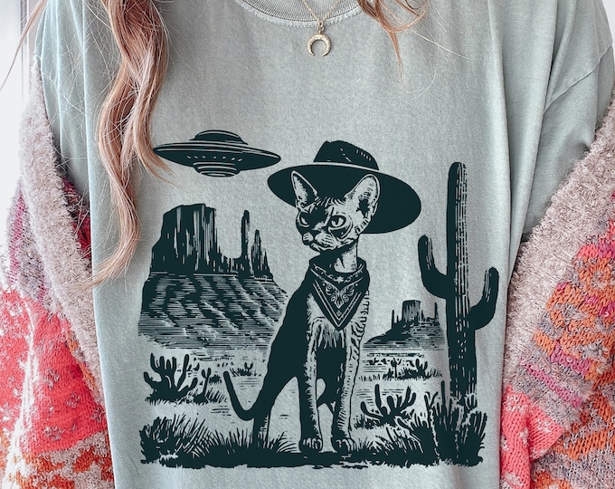 Vintage Devon Rex UFO Shirt – Western Cowboy Rex Tee, Retro Alien Cat T-Shirt, Perfect Gift for Cat Mom, Dad & Cat Lovers