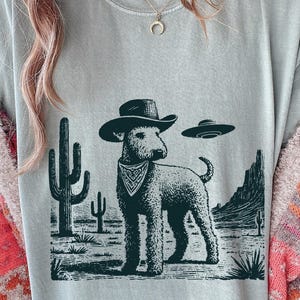 May include: A light blue t-shirt featuring a black and white illustration of a dog wearing a cowboy hat and bandana, with a UFO hovering above a desert landscape with cacti and mountains.