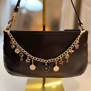 Chaîne de sac OR NOIR BLANC, breloques étoile en émail fleur, cadeau d'anniversaire de mariée pour elle, pince à sac à main fille, tirette de porte-clé fermeture éclair sac à dos, perles