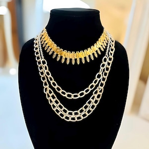 GOLD LAYERED CHAIN Necklace Set, Y2K Authentic, Statement Chunky Chains, Boho Chic Jewelry, Multi Layer Necklace, Gold Choker, Silver Chains