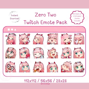 Pode incluir: Um conjunto de 53 emotes Twitch com um personagem de anime de cabelo rosa com diferentes expressões. Os emotes estão em formato de grade e incluem o texto "Zero Two Twitch Emote Pack" e "112x112 / 56x56 / 28x28".
