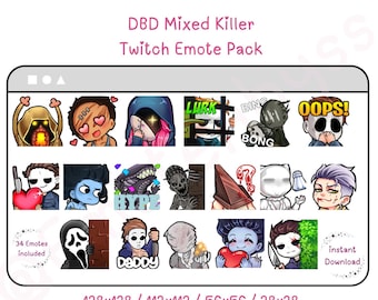 May include: A digital graphic pack for Twitch emotes, featuring 34 unique designs. The pack includes various characters and phrases, such as "LURK," "OOPS!," and "DADDY." The emotes are in a variety of sizes, including 128x128, 112x112, 56x56, and 28x28 pixels.