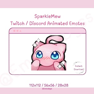 May include: Animated Twitch and Discord emote featuring a pink, cartoon-style character with blue eyes and a blush. The character is surrounded by sparkles. The text "instant download" is visible in the lower right corner.