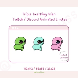 Puede incluir: Tres emotes animados de un extraterrestre verde, azul y rosa con ojos grandes, cada uno en una pose diferente, con el texto "Triple Twerking Alien Twitch / Discord Animated Emotes 112x112 / 56x56 / 28x28 @EmoteAbyss Descarga instantánea"