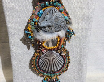 Wolf Bead Embroidery with Scallop Shell, Mimbres Pottery, Fur and Leather, from "A Gathering of Wolves" Collection