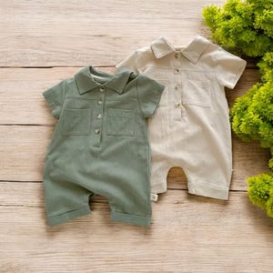 Baby Boys Casual Rompers, Newborn Short Sleeve Lapel Button Up Solid Jumpsuit, Infant Matching Bodysuit, Baby Summer Outfit Gift