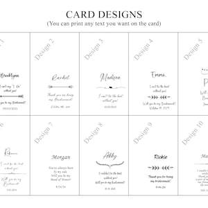 May include: A collection of ten card designs with various fonts and decorative elements. Each design includes a name, a short message, and a date. The text on the cards is customizable, perfect for wedding invitations or thank you notes.