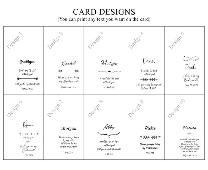 May include: A collection of ten card designs with various fonts and decorative elements. Each design includes a name, a short message, and a date. The text on the cards is customizable, perfect for wedding invitations or thank you notes.