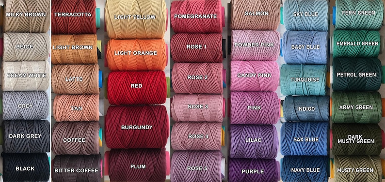May include: A collection of colorful spools of twine, each labeled with a unique color name. Colors include Milky Brown, Terracotta, Light Yellow, Pomegranate, Salmon, Sky Blue, Fern Green, and many more. Ideal for crafting and DIY projects.