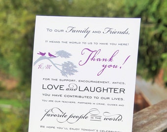 Custom Wedding Thank You Sign - Custom printed cards - lovebird sign - birds on branch