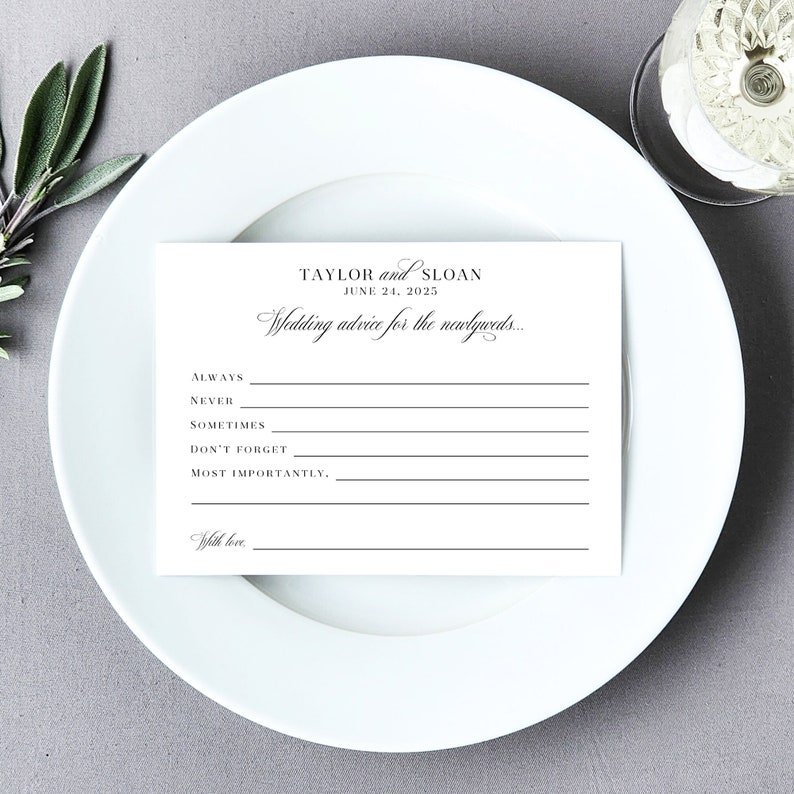 Classic black and white wedding wish card set ready for guests to share advice and wishes for the bride and groom. Perfect as a formal guestbook card alternative, bridal shower game, or fun wedding game during the rehearsal dinner.